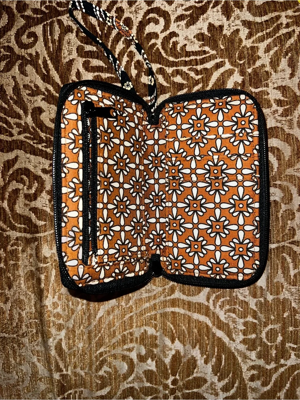Vera Bradley Black, Brown & Cream Quilted Floral Wristlet